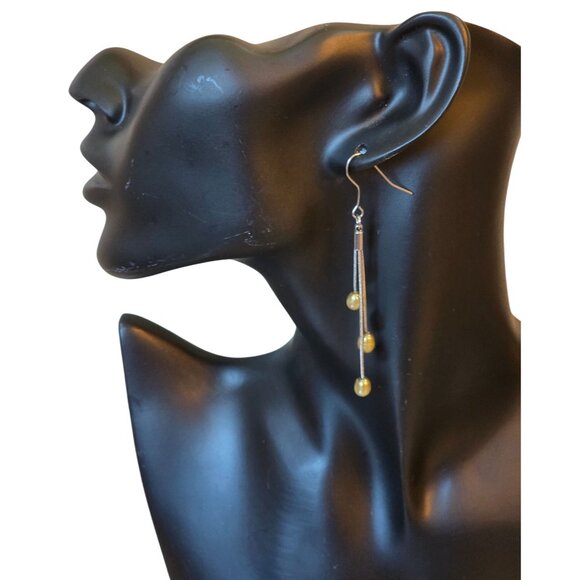 Gold Pearl Drop Silver Snake Chain Dangle Earrings - Picture 2 of 6